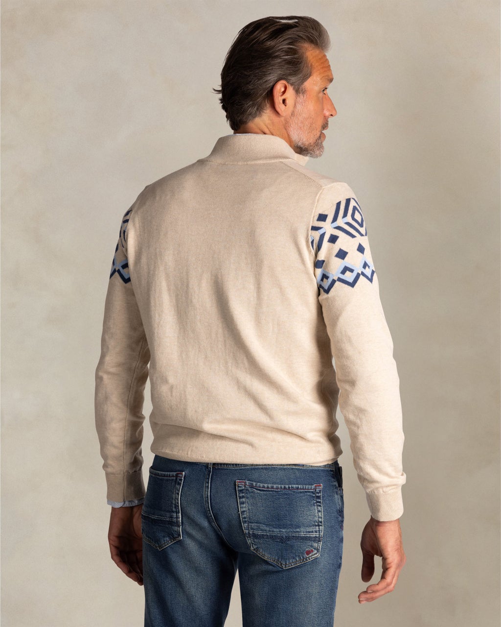 ECRU COTTON HALF ZIP SWEATER - Light Grey Melange