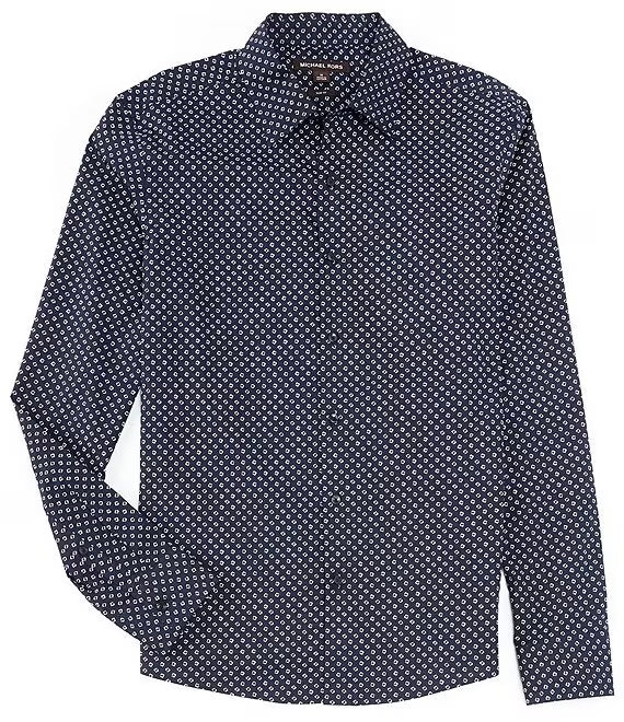 Shirt Slim Fit All Over Print Woven Navy Blue Stretch