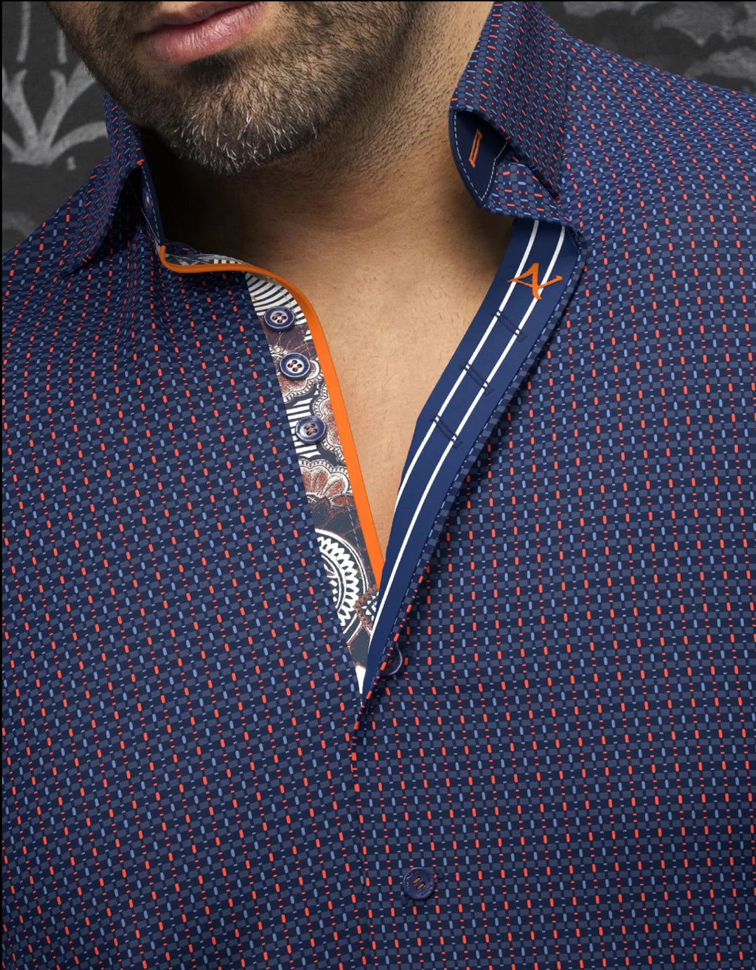 Dress Shirt Long Sleeve Cestero Navy/Orange Stretch