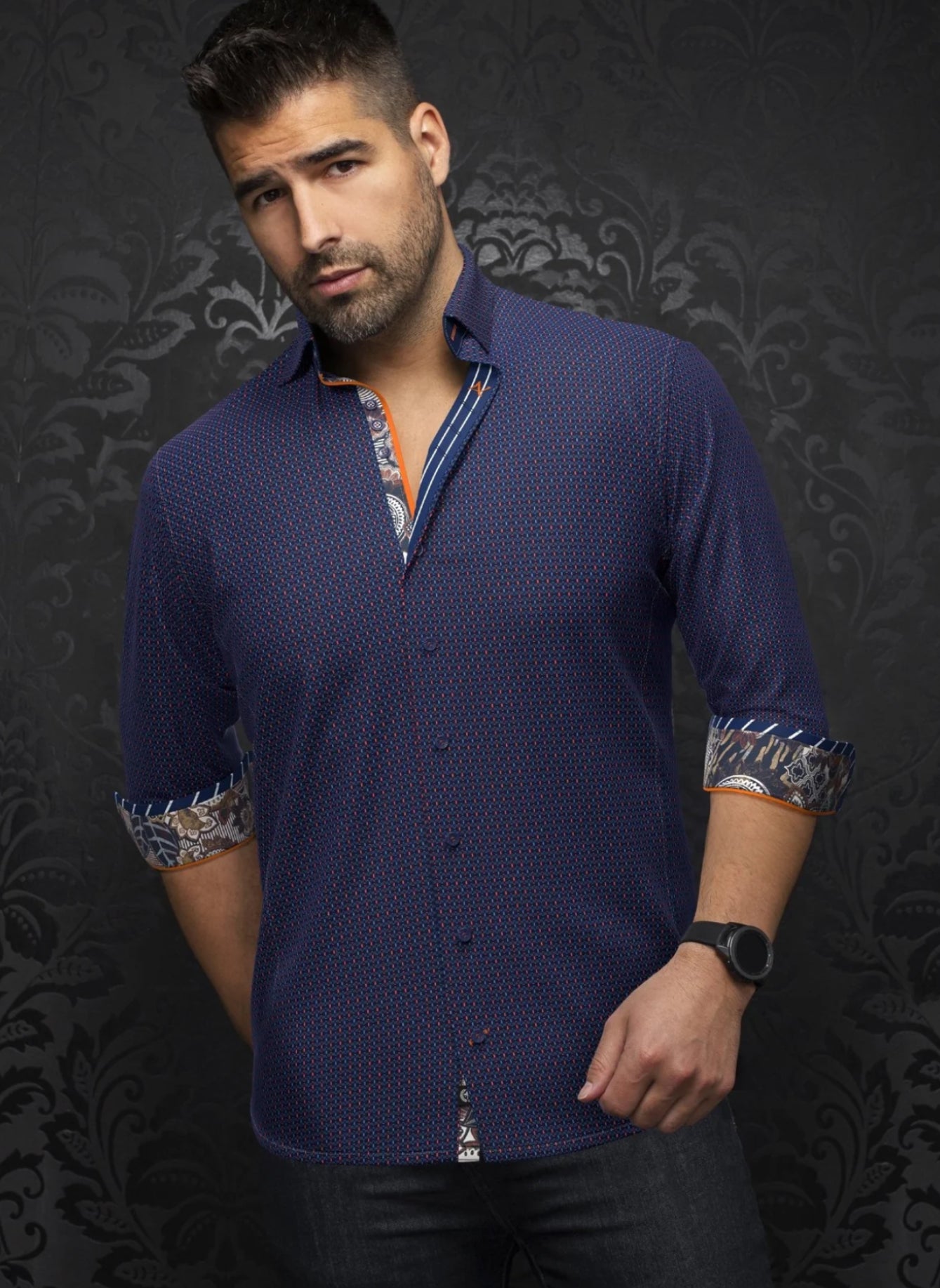 Dress Shirt Long Sleeve Cestero Navy/Orange Stretch