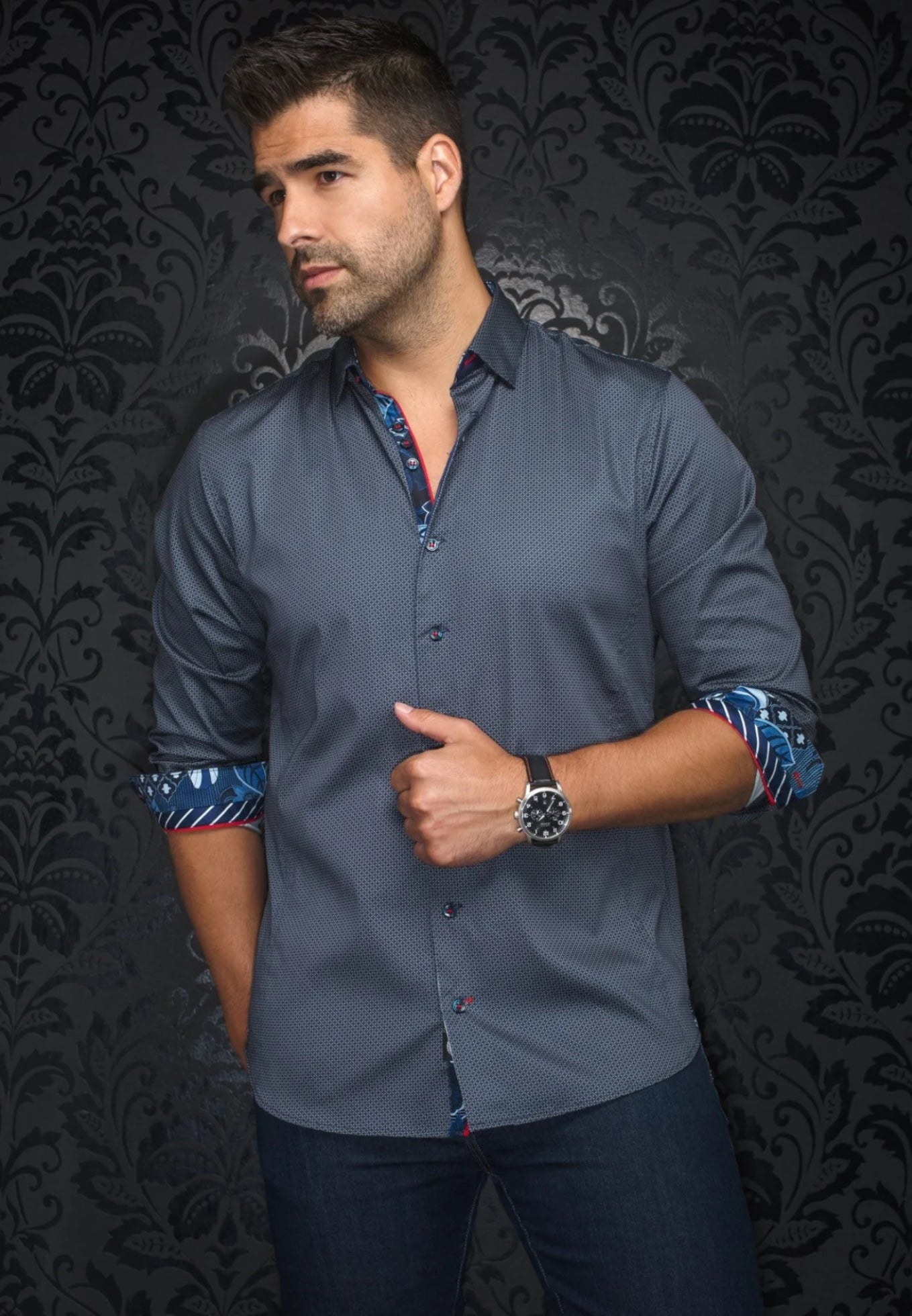Dress Shirt Long Sleeve Sosa Navy/Tobacco Stretch
