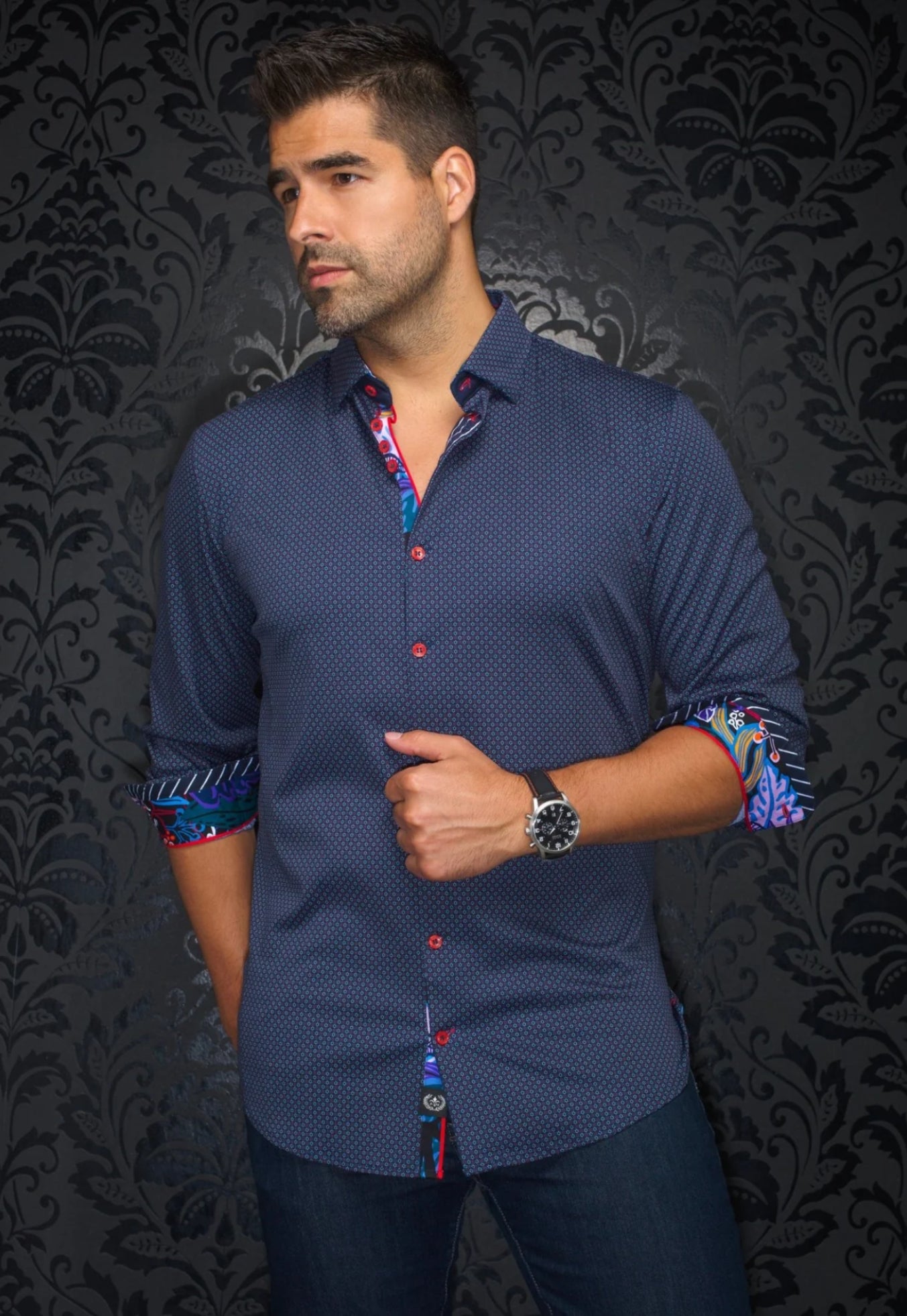 Knit Dress Shirt Long Sleeve Rioja Navy/Red Stretch