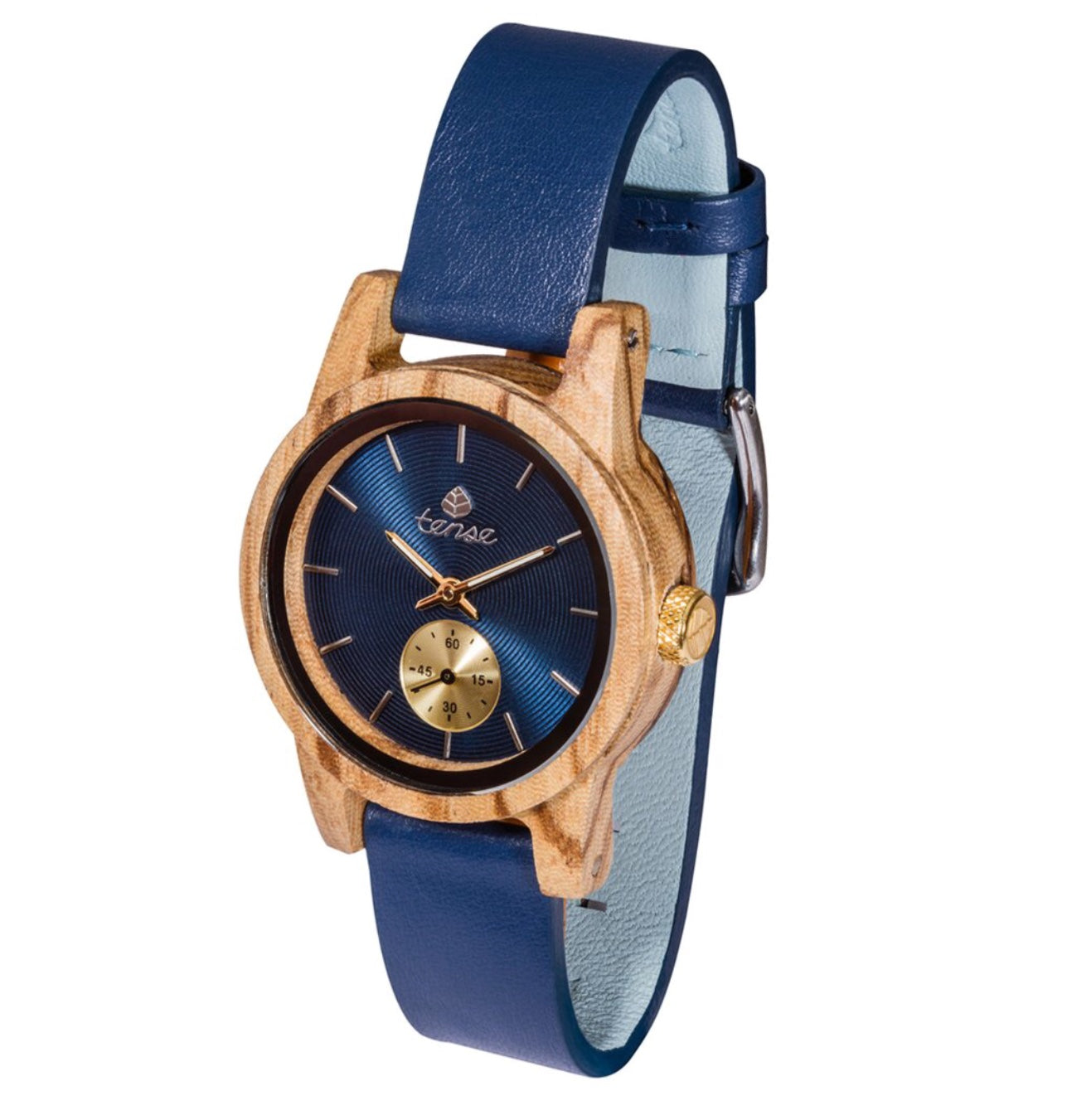 Small Leather Hampton Zebrawood/Blue Wooden Watch