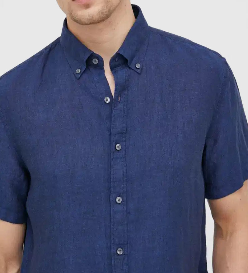 Short Sleeve Linen Shirt- Midnight Navy Blue