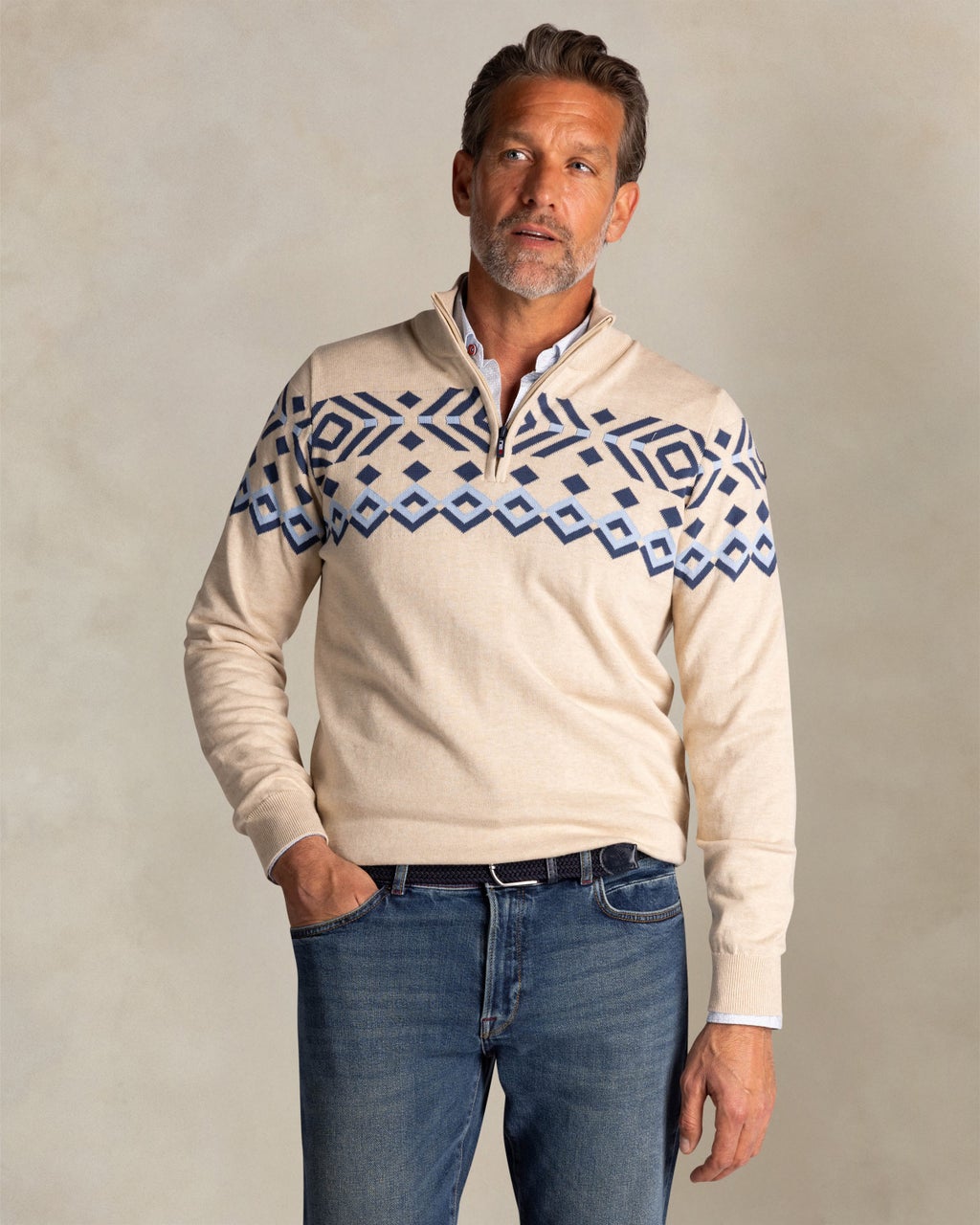 ECRU COTTON HALF ZIP SWEATER - Light Grey Melange