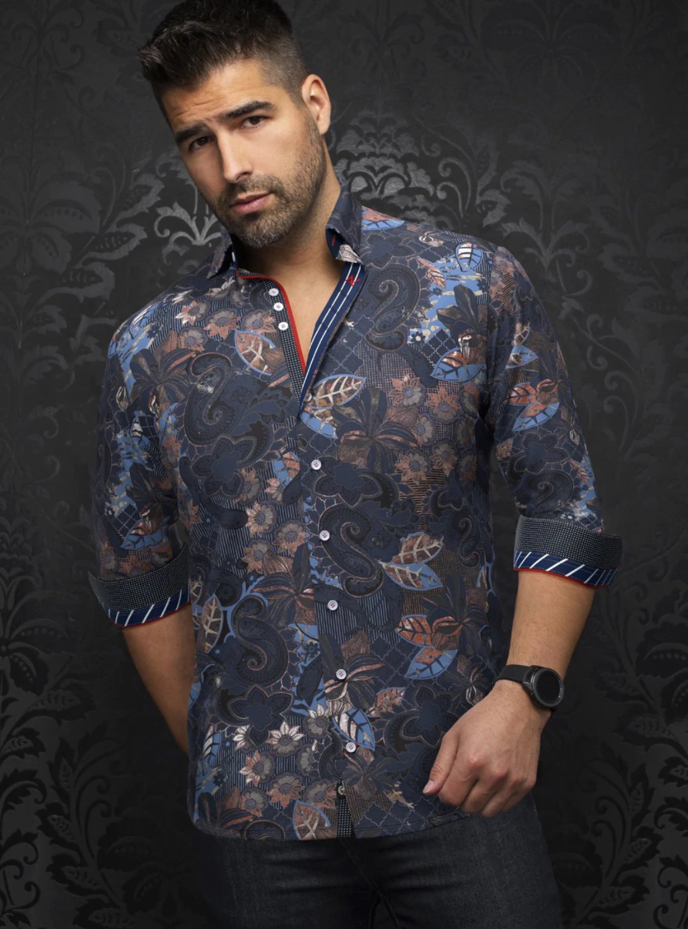 Dress Shirt Long Sleeve Machado Navy/Rust Stretch