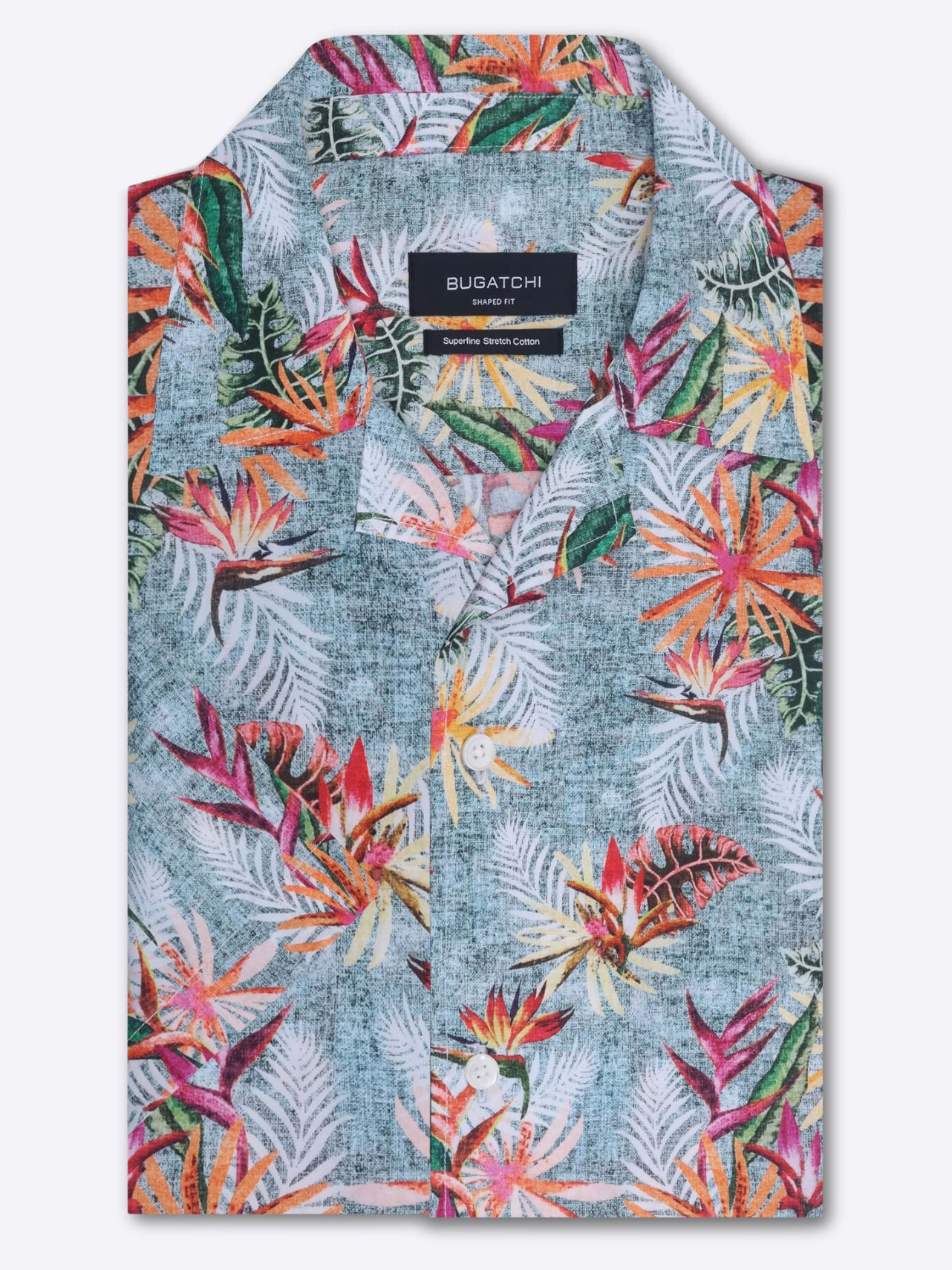 Bugatchi Men’s Dress Shirt Short Sleeve Hawaiian Print Stretch Cotton