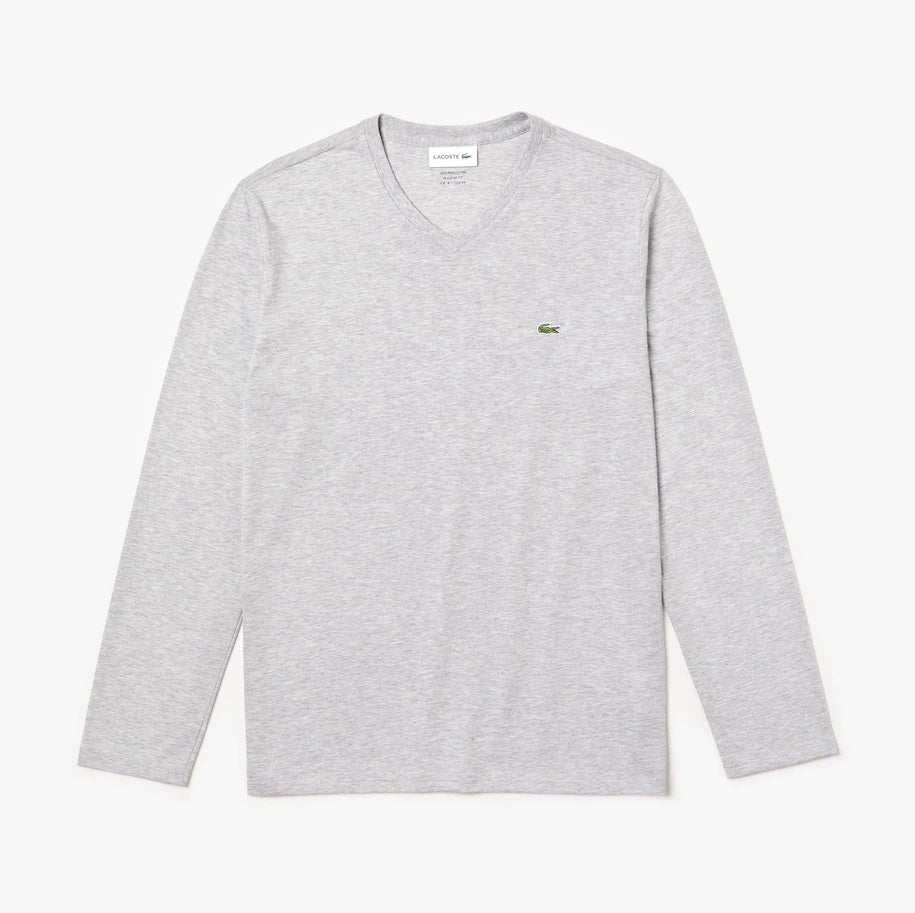 Lacoste Men’s V-Neck Pima Cotton Jersey T-Shirt Long Sleeve Grey