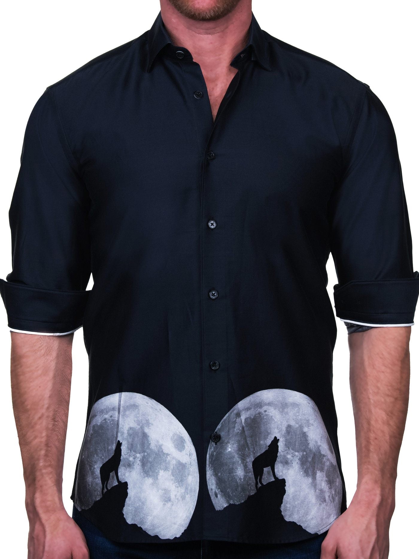 Maceoo Men’s Dress Shirt Wolf Black Long Sleeve Dress Shirt French Cuff Fashion