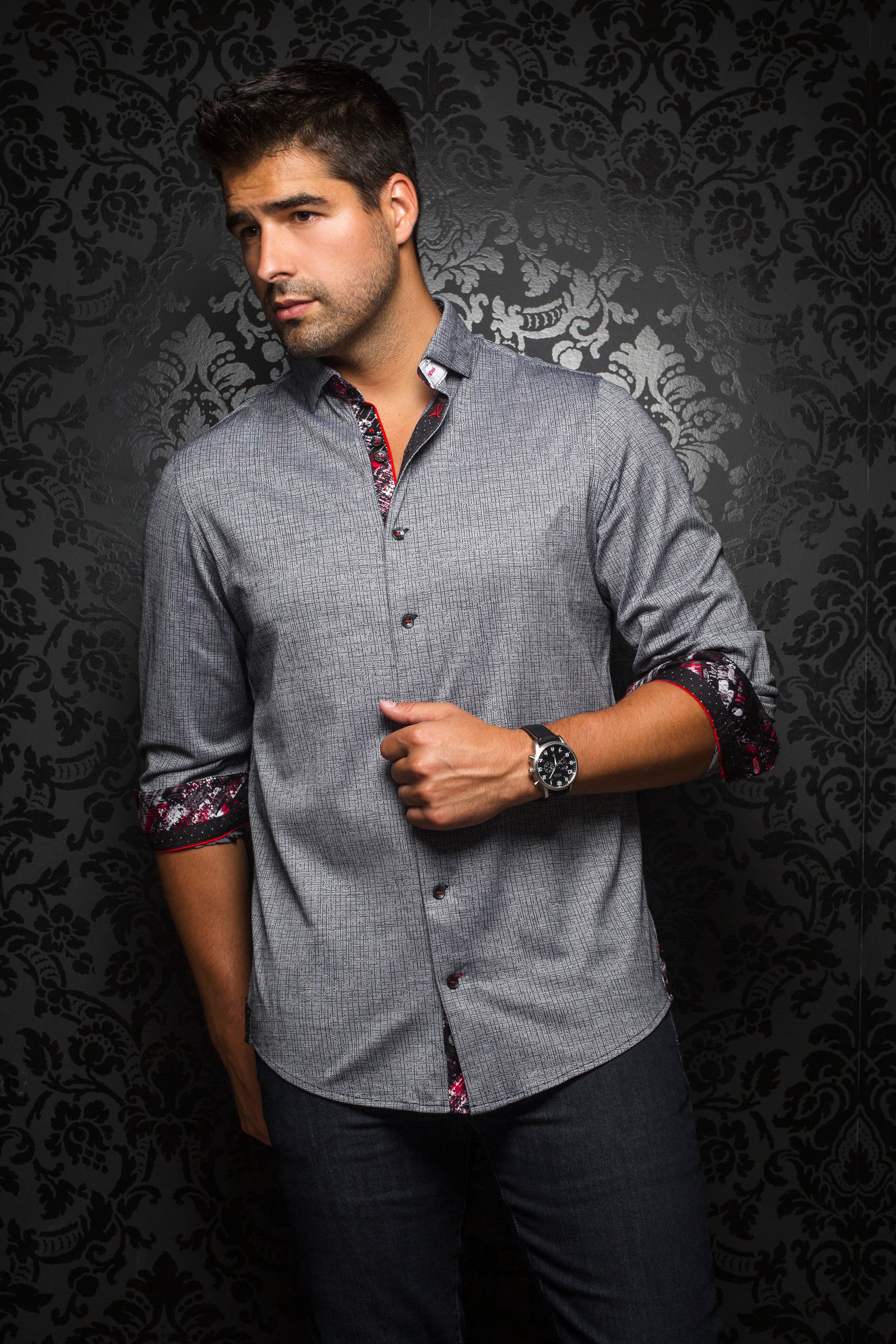 Men’s Long Sleeve Dress shirt Vega silver Jacquard stretch French cuff fashion